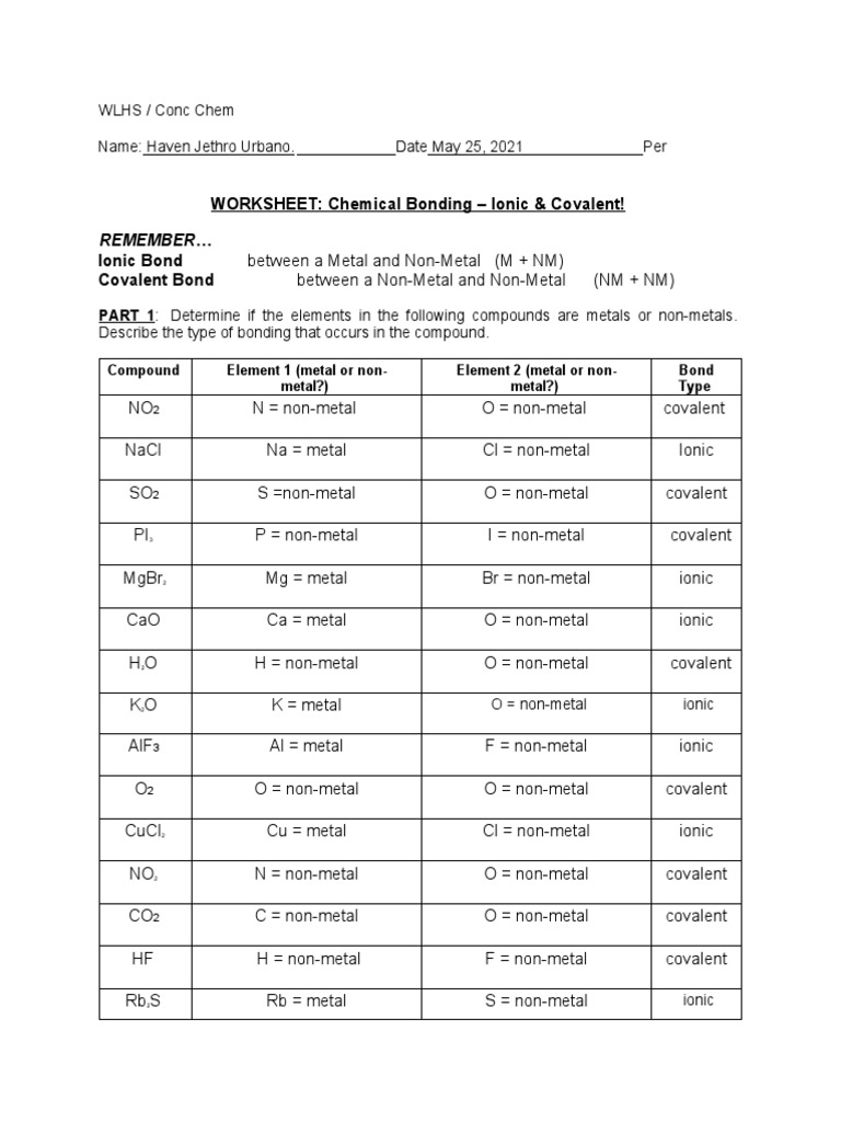 Covalent And Ionic Bonds Worksheet Live Worksheets Worksheets Library