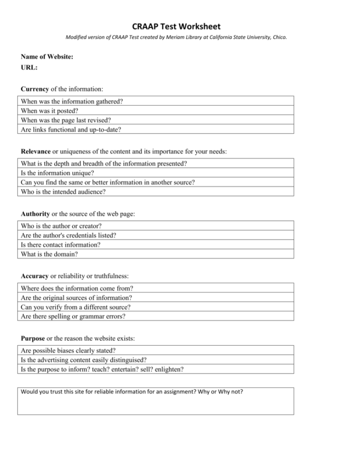 Craap Test Worksheet Db excel