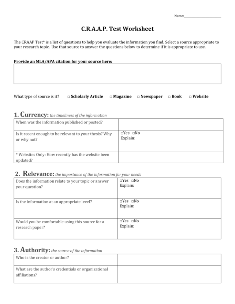 Craap Test Worksheet Db excel
