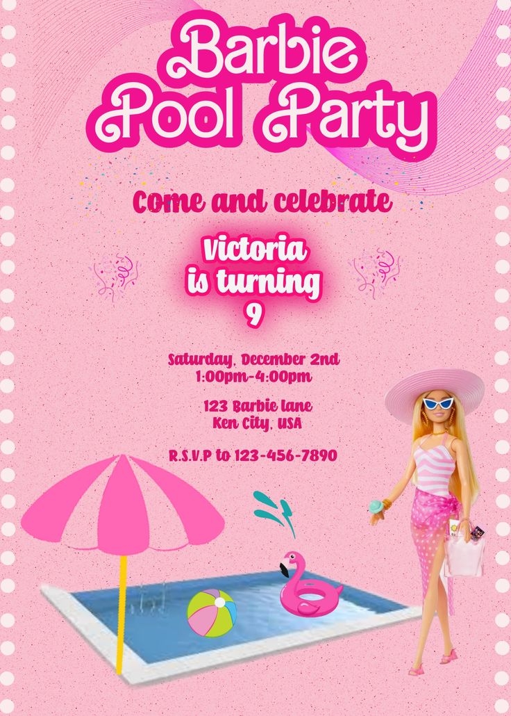 Customizable Barbie Pool Party Invitation