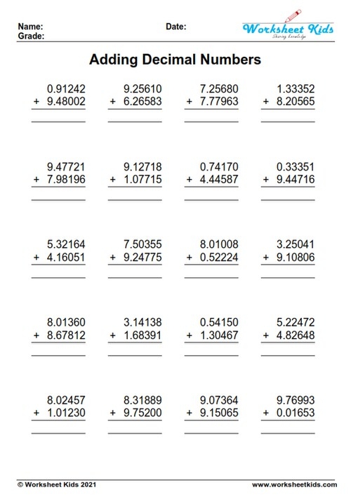 adding decimal worksheets