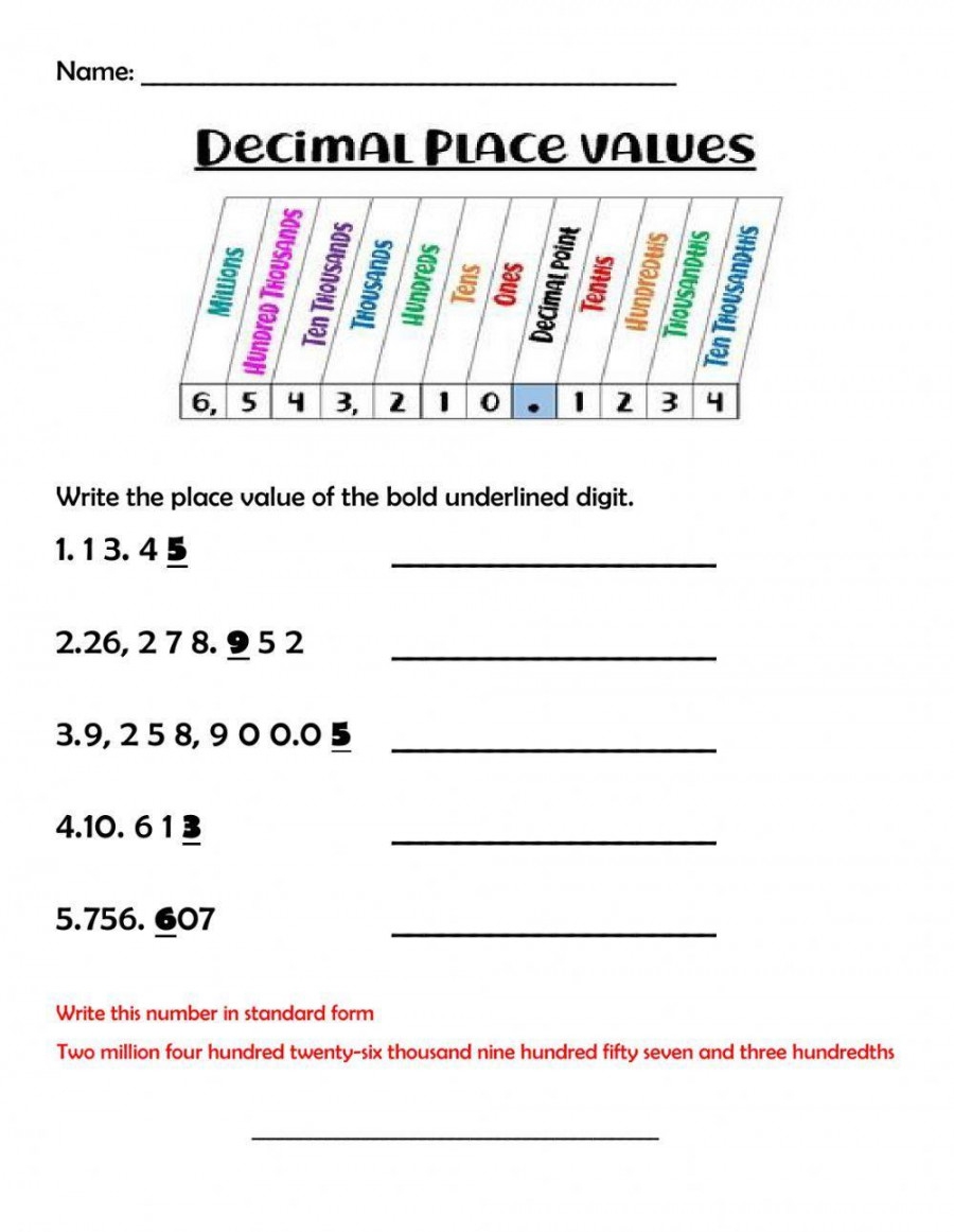 Decimal Place Value Worksheet Printable PDF Template