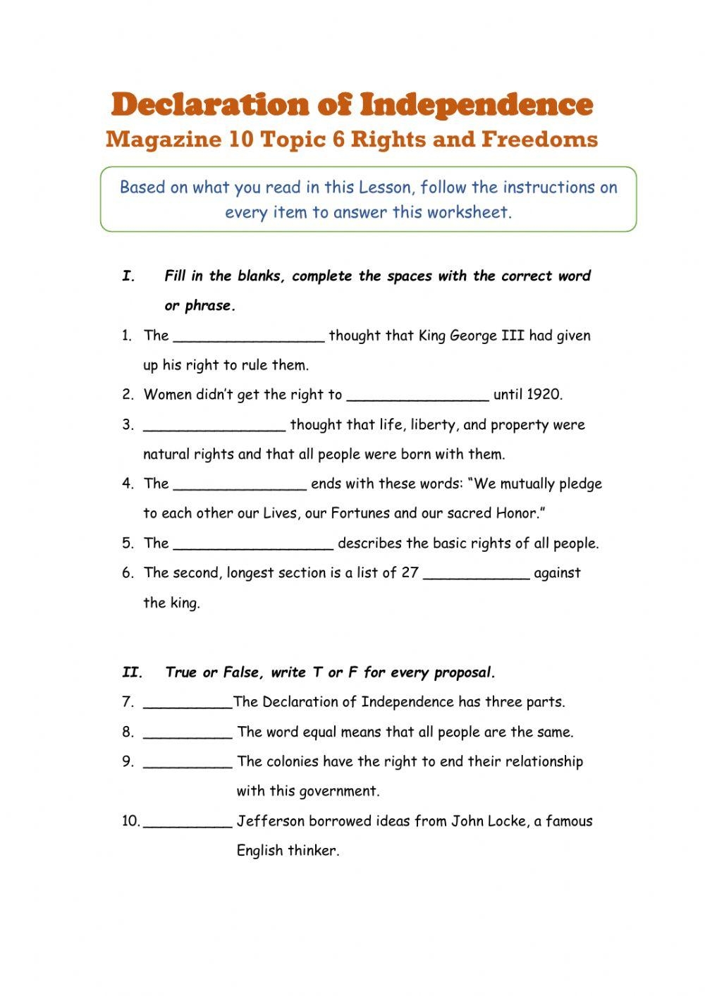 Declaration Of Independence Worksheet Live Worksheets Worksheets 