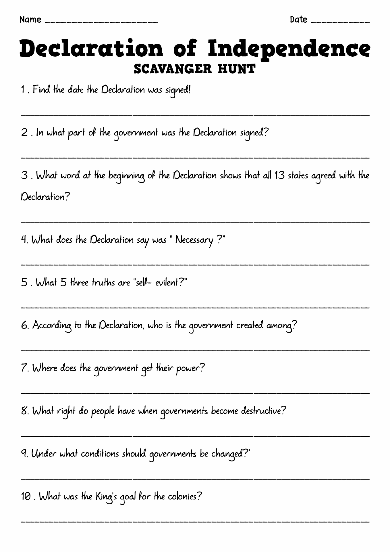 declaration of independence worksheet