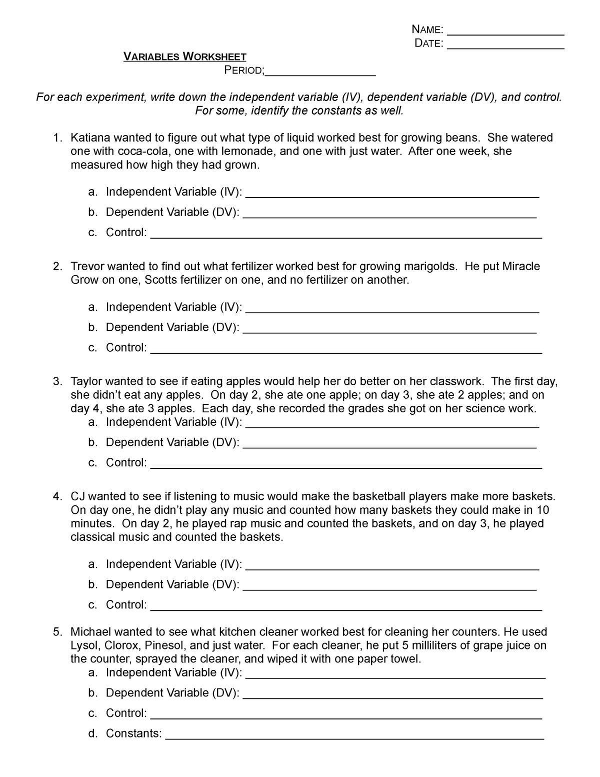 Dependent And Independent Variables Worksheet NAME DATE V 