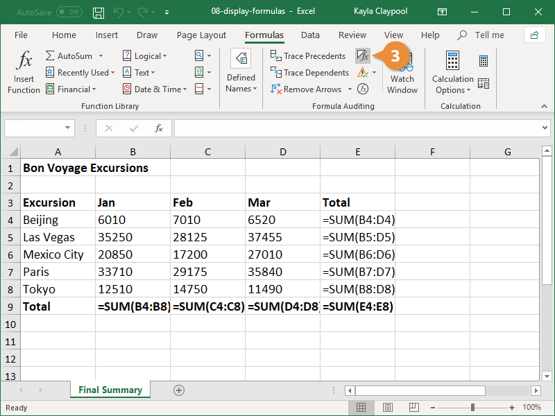 display formulas in worksheet