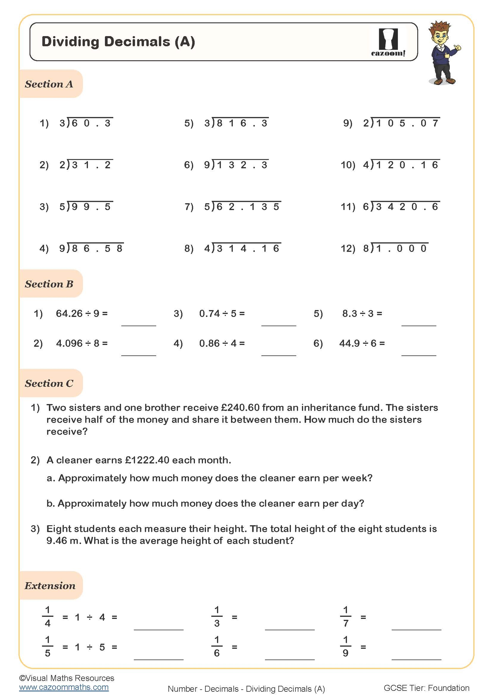 Dividing Decimals PDF Printable Worksheet Worksheets Library