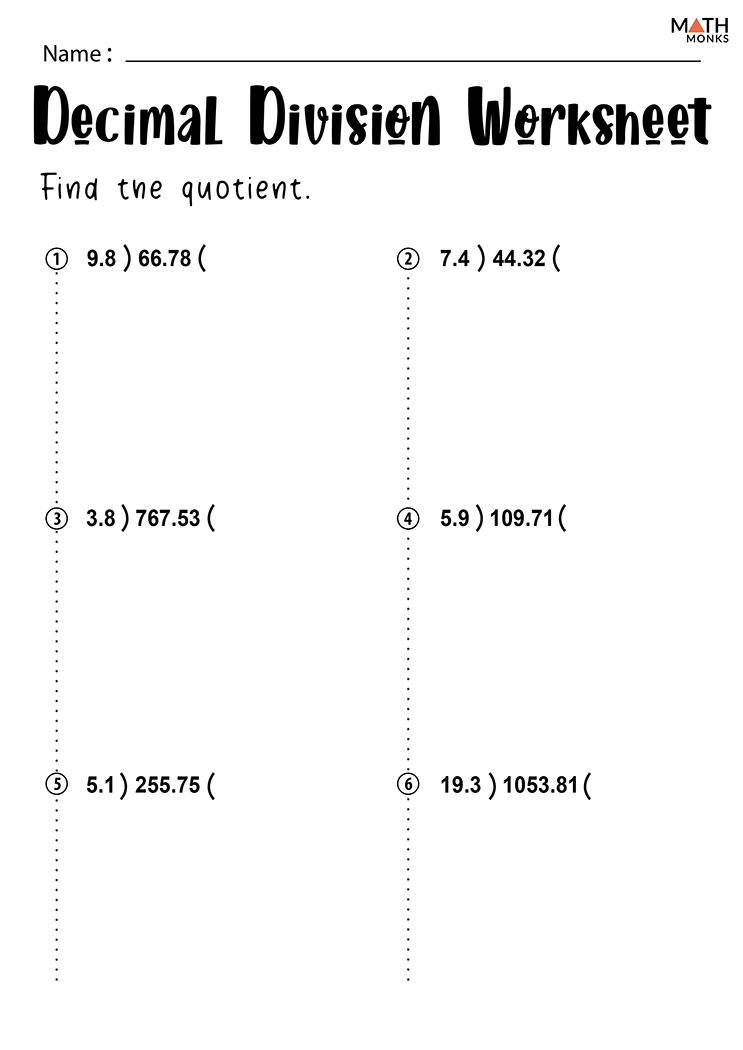 division with decimals worksheets