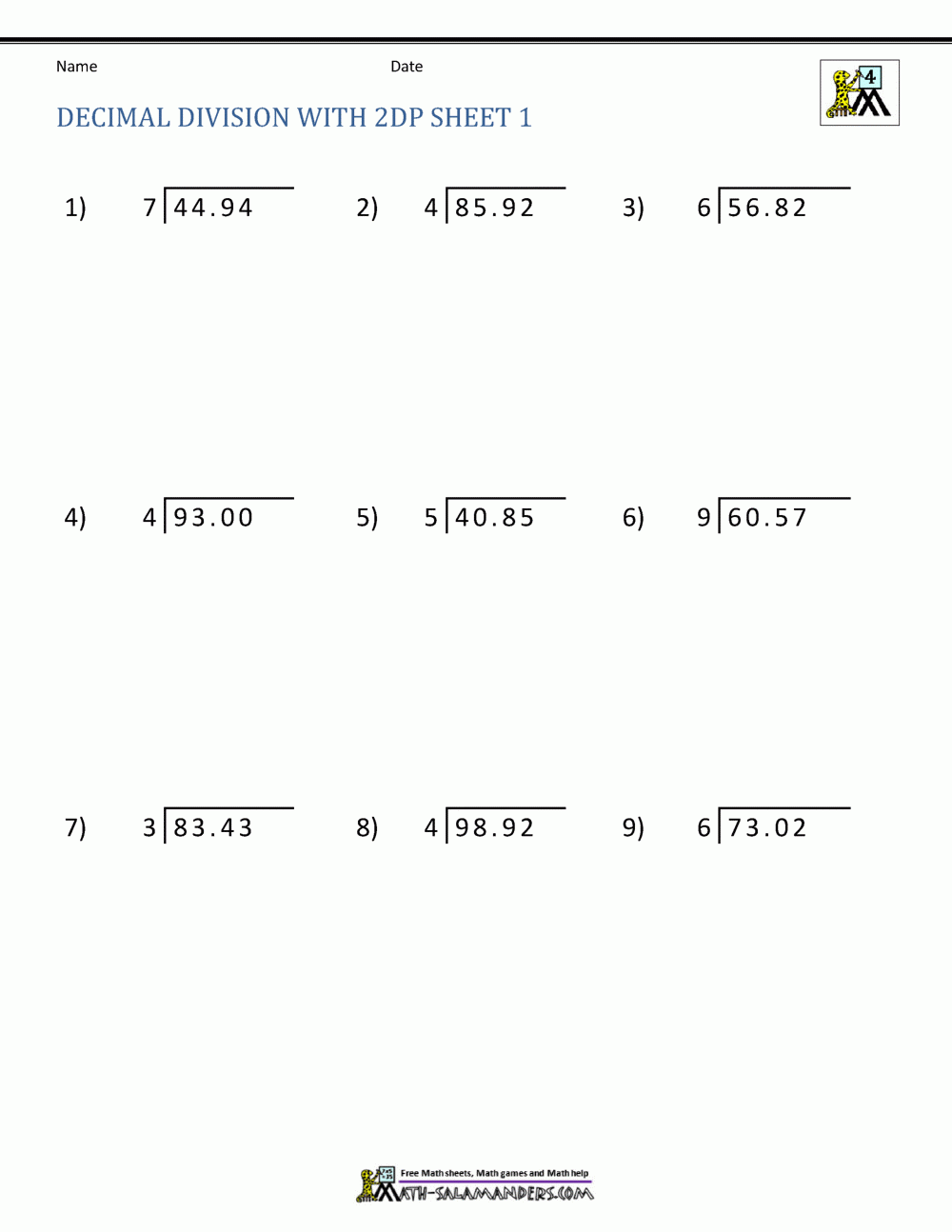 Division Practice With Decimals Division Maths Worksheets For 