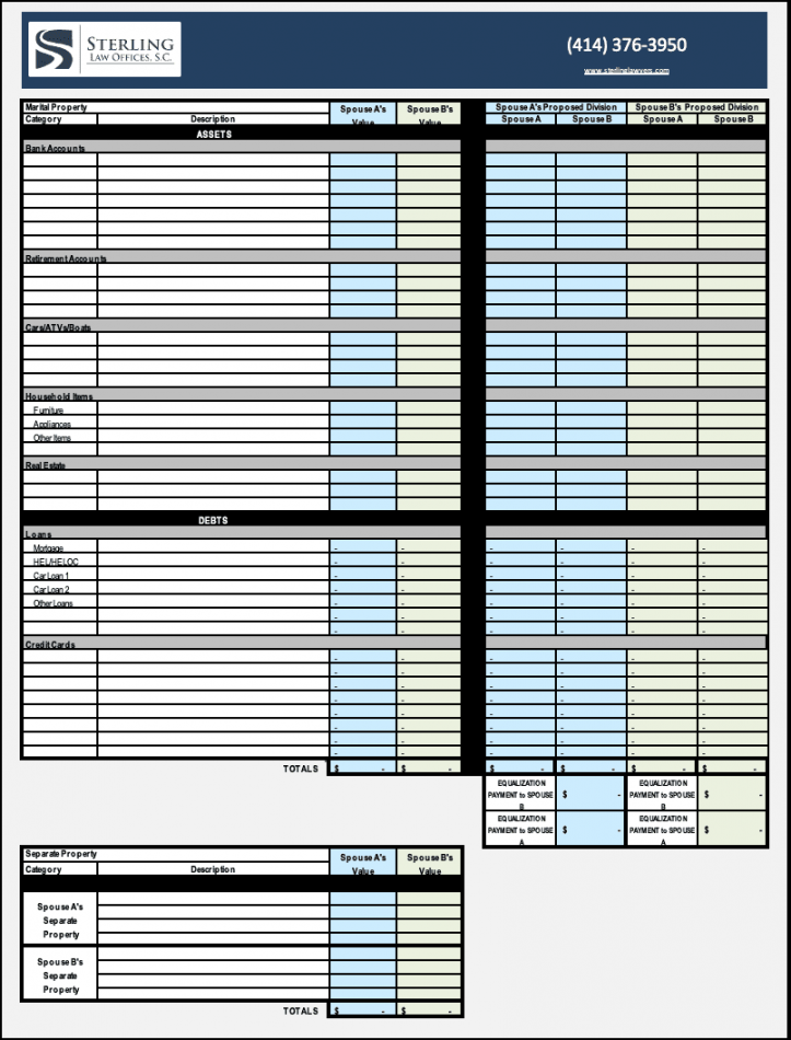 Divorce Splitting Assets Worksheet Printable PDF Template