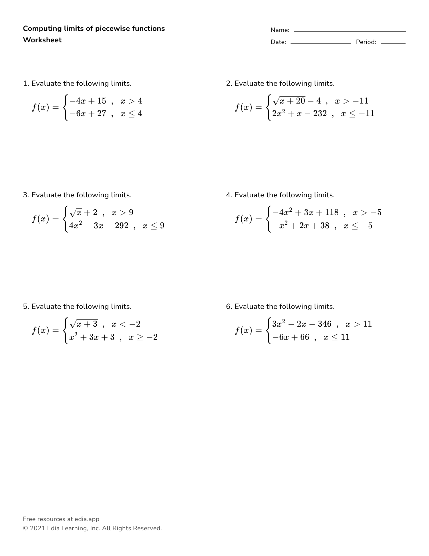 limits worksheet