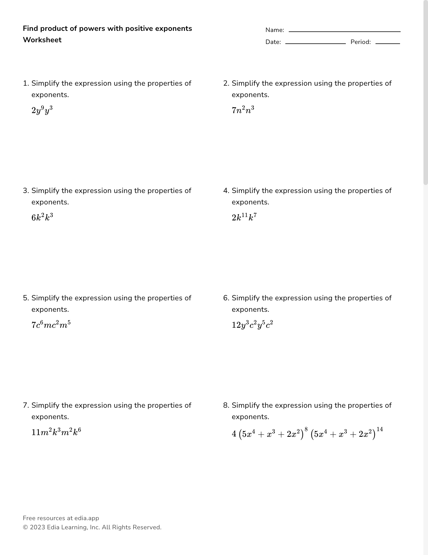 exponent properties worksheet