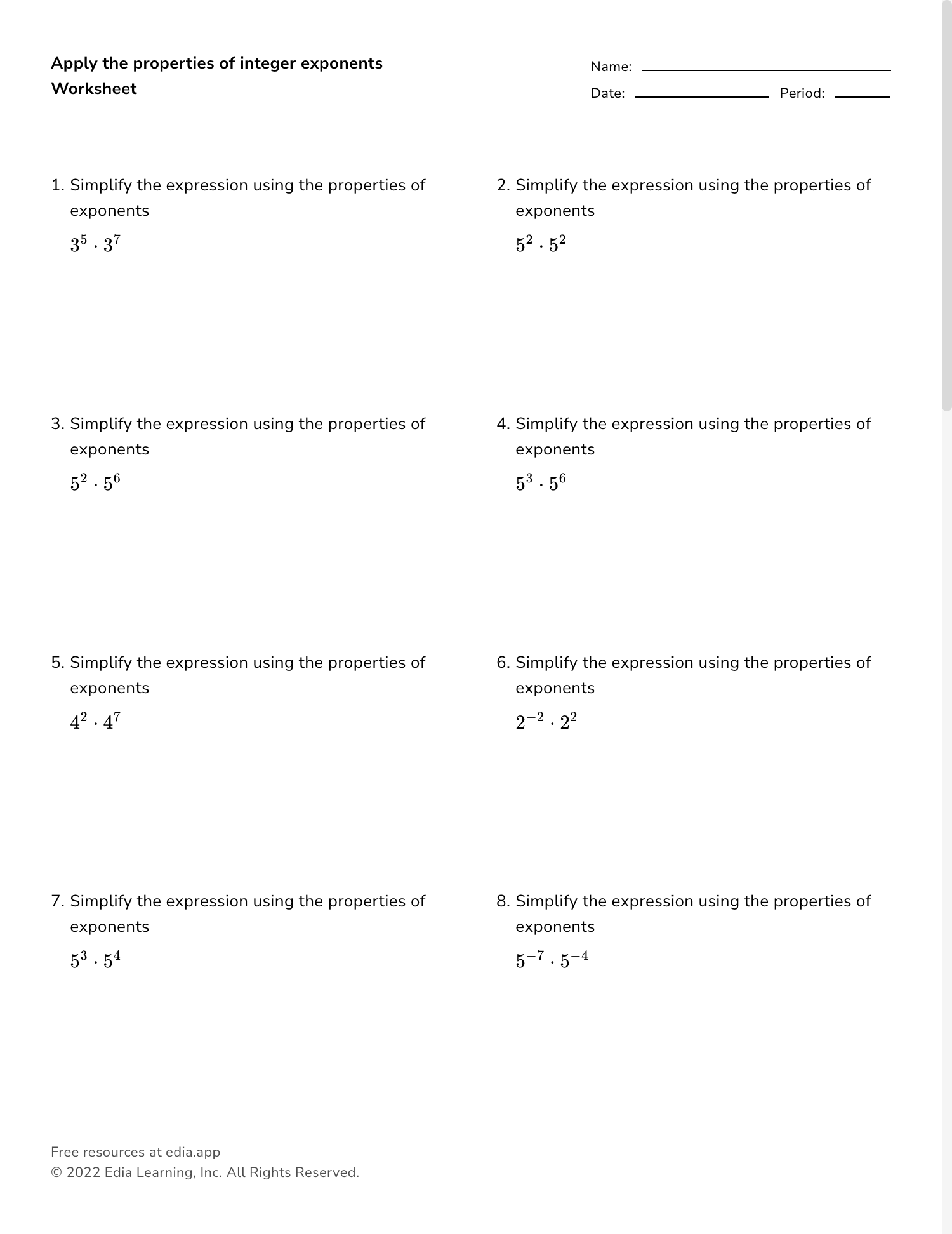 exponential properties worksheet