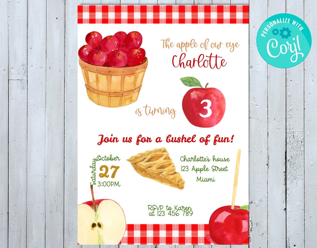 Editable Apple Invitation Apple Birthday Invitation Instant Etsy