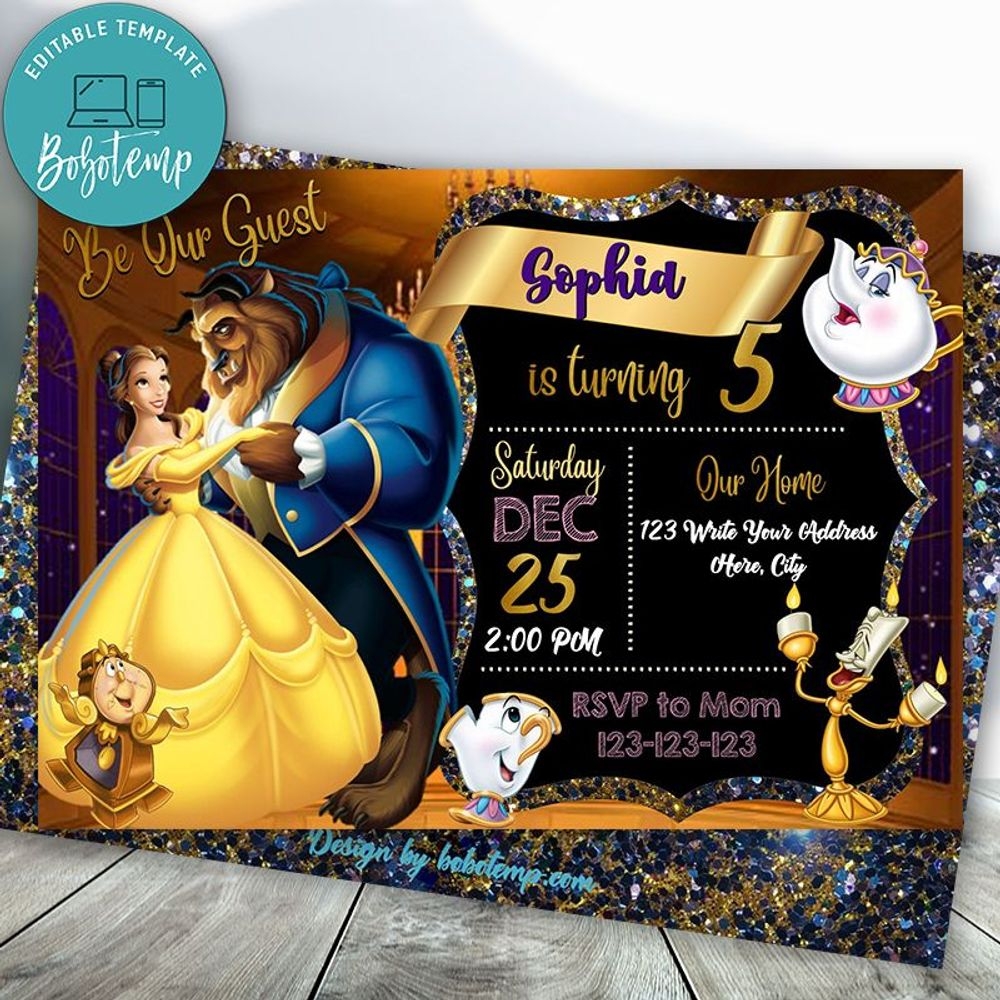 beauty and the beast birthday invitation template
