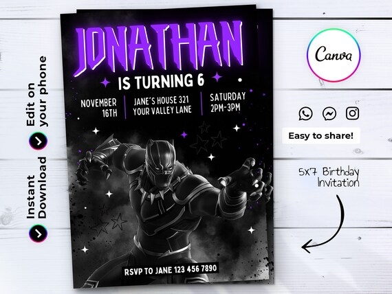 Editable Black Panther Birthday Invitation Template Printable Birthday 
