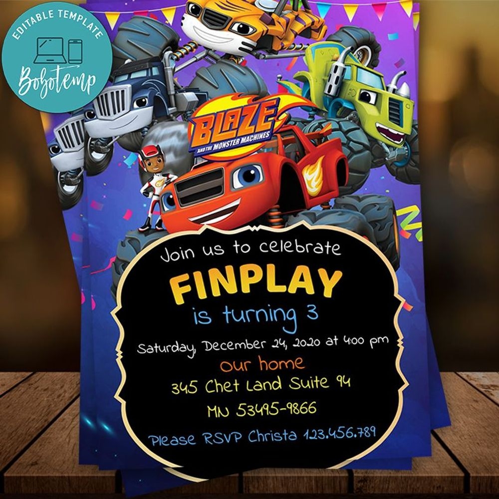 Editable Blaze And The Monster Machine Birthday Invitation DIY Bobotemp