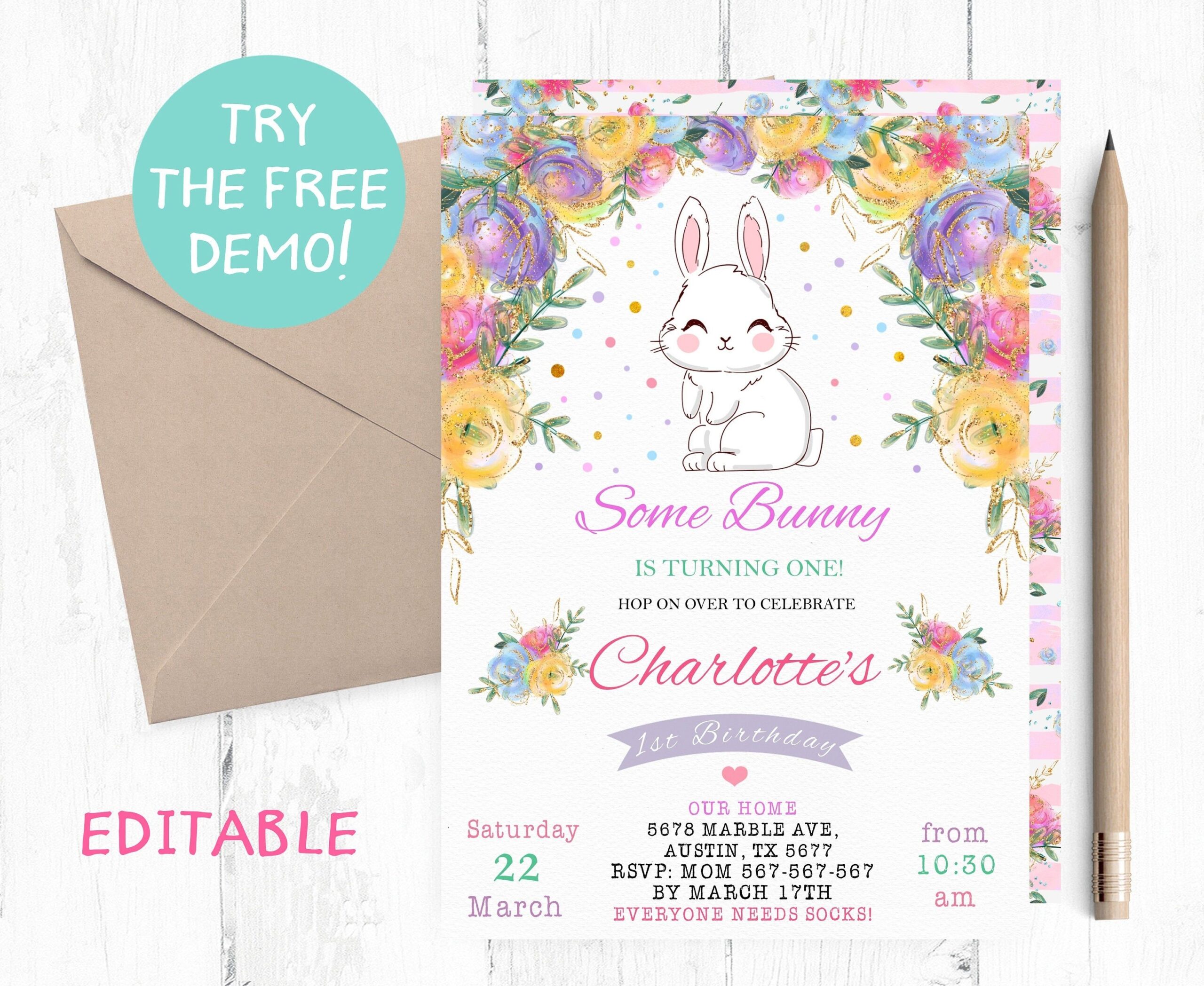 Editable Bunny Invitation Bunny Birthday Party Invitation Bunny 