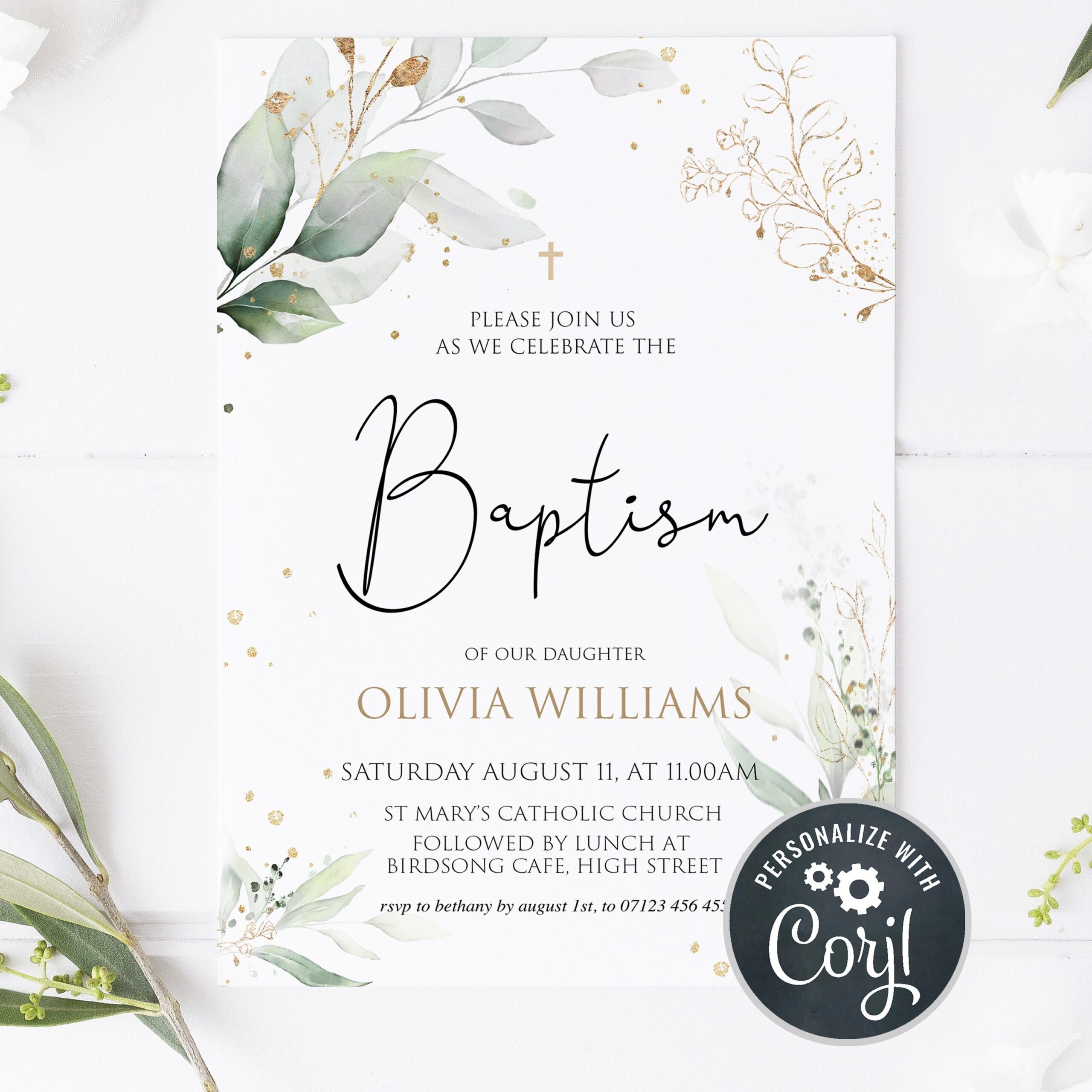 EDITABLE Gold Floral Baptism Invitation OhHappyPrintables 