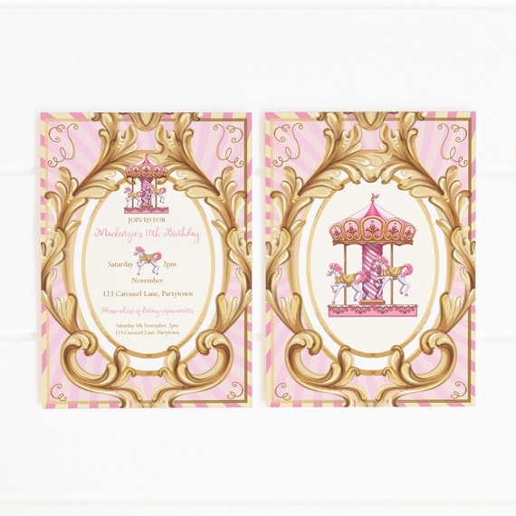 Editable Printable Carousel Party Invitation Template 5x7in Pink