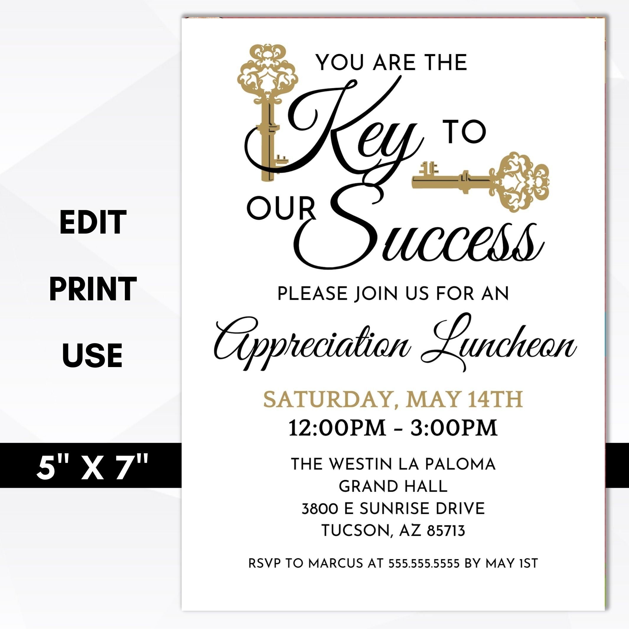 Elegant Appreciation Luncheon Invitation Key To Our Success Invite