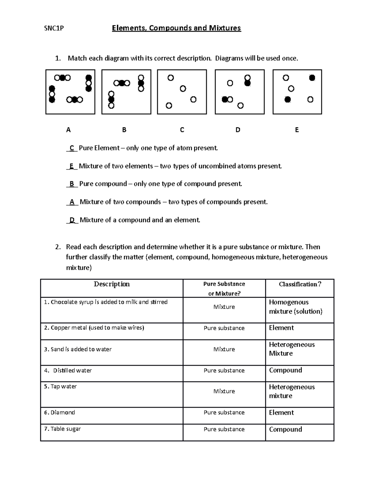 mixtures compounds and elements worksheet