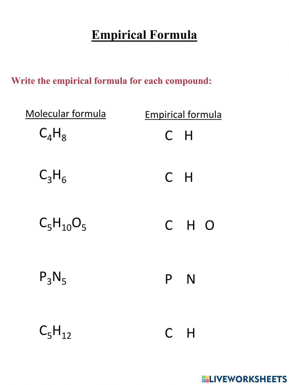 Empirical And Molecular Formula Sheet Worksheet For 10th Higher