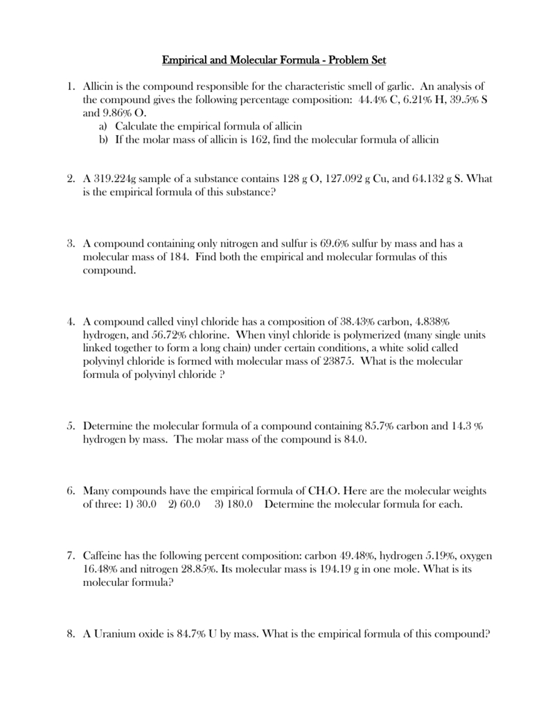 empirical formula and molecular formula worksheet