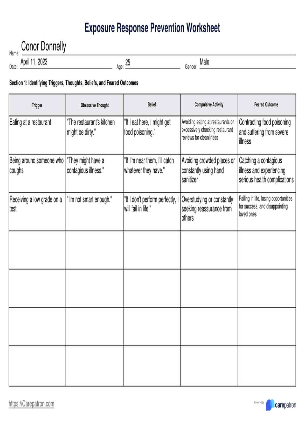 exposure response prevention worksheet