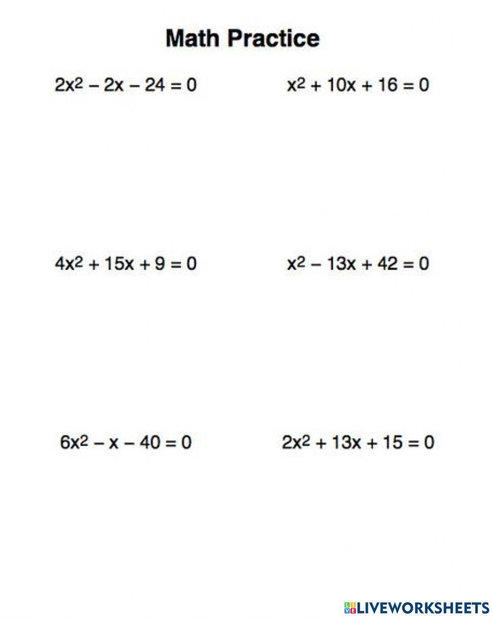 Factoring Quadratic Trinomials a Equals 1 Live Worksheet Online