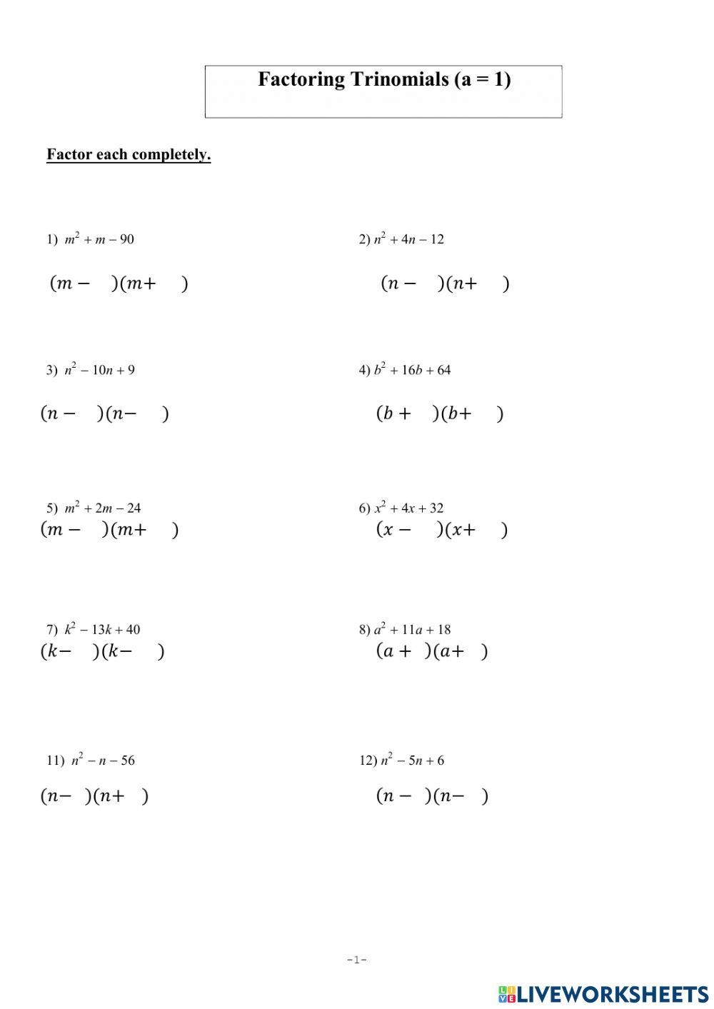 factor polynomial worksheet