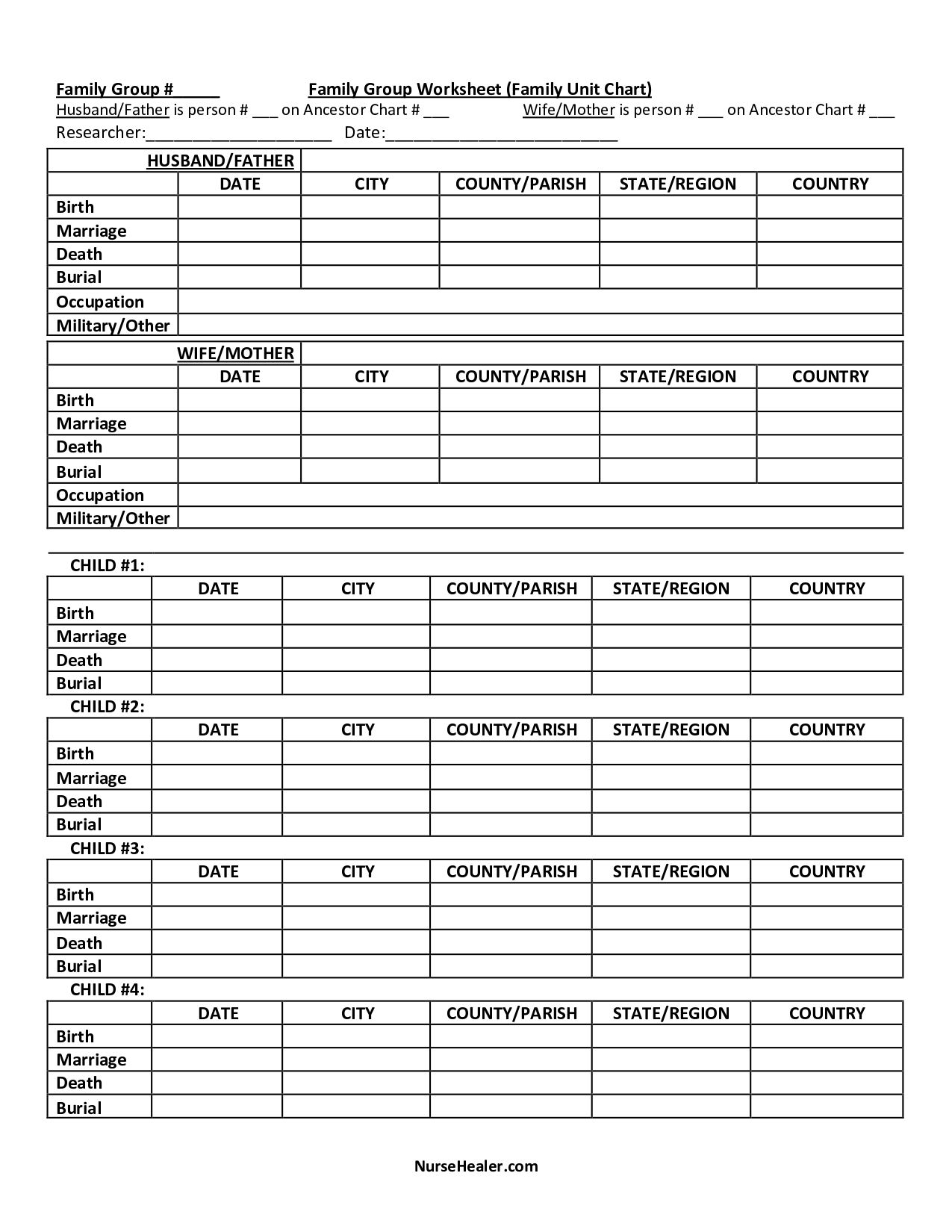 Family Group Worksheet For Genealogical Research