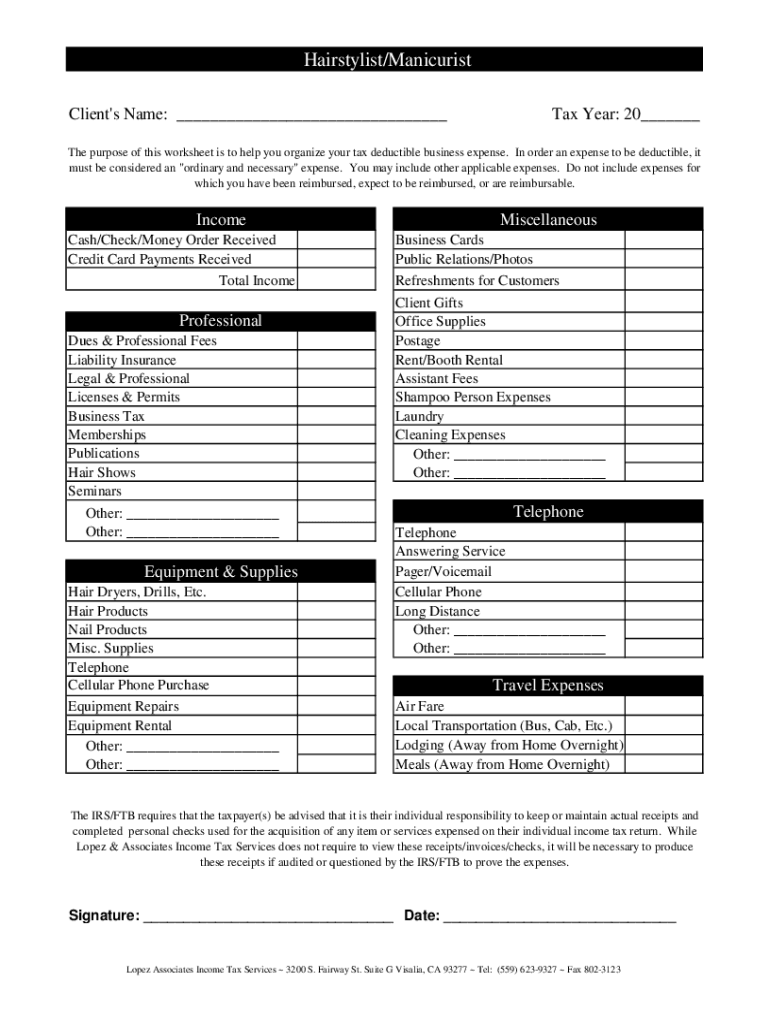 Fillable Online Hair Stylist Tax Deduction Worksheet Pdf Fill Online 