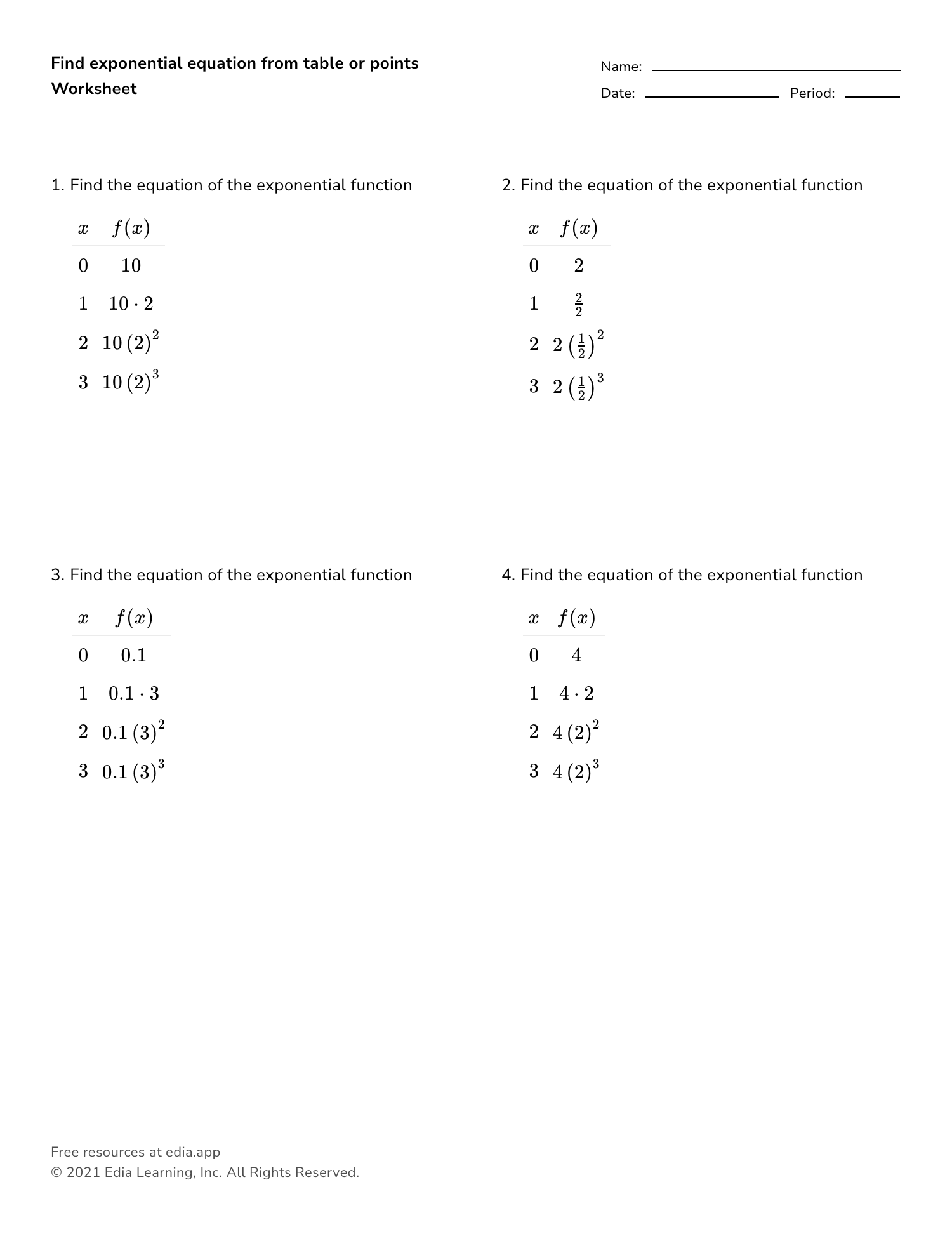 exponential function worksheet