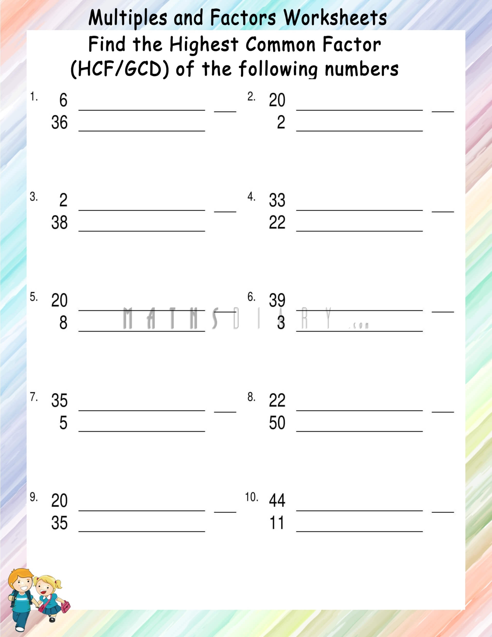 Finding Greatest Common Factors GCF HCF Worksheets Math 