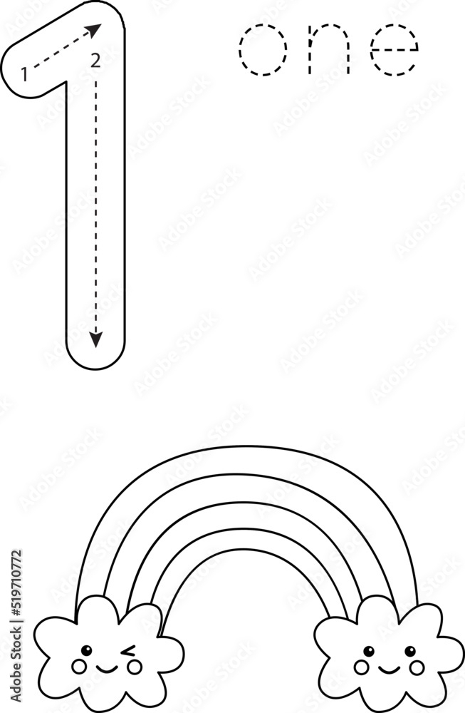 Flashcard Number 1 Preschool Worksheet Black And White Rainbow 