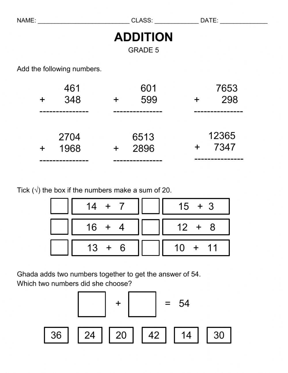 addition worksheets grade 5