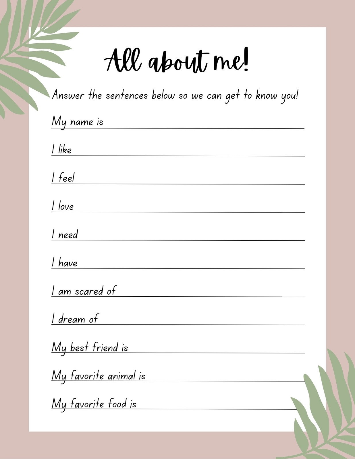 all about me worksheet for adults