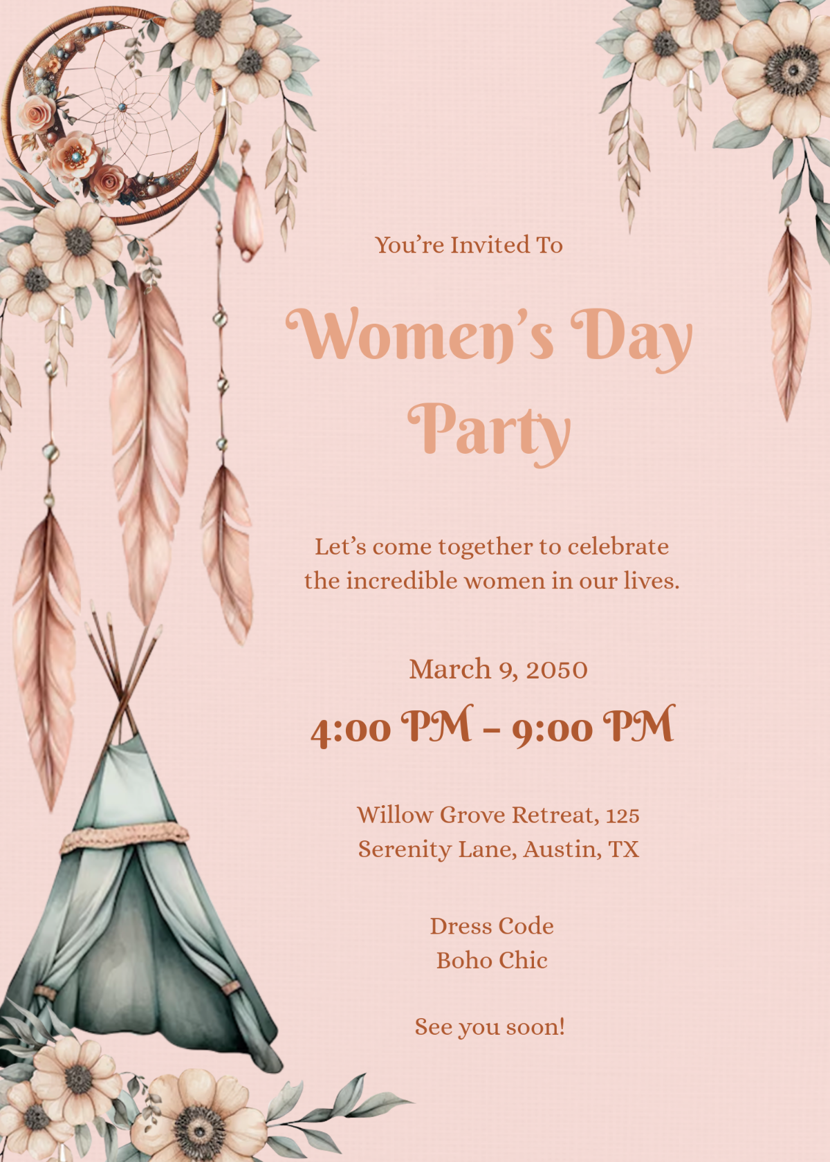 Free Boho Themed Women 39 s Day Invitation Template To Edit Online