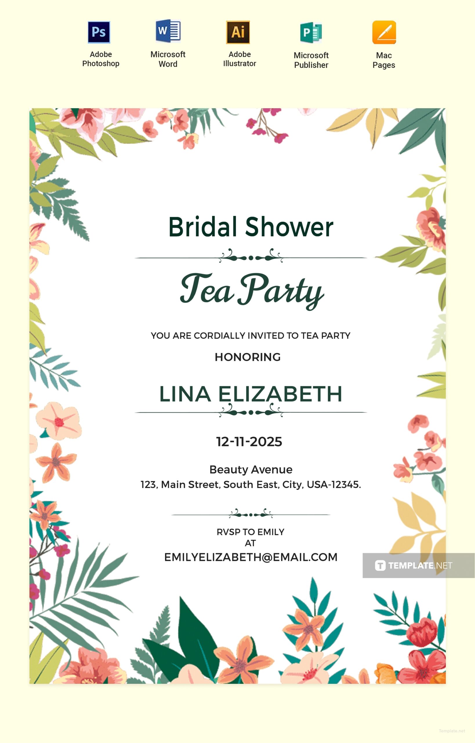 Free Bridal Shower Tea Party Invitation Template In Adobe Photoshop 