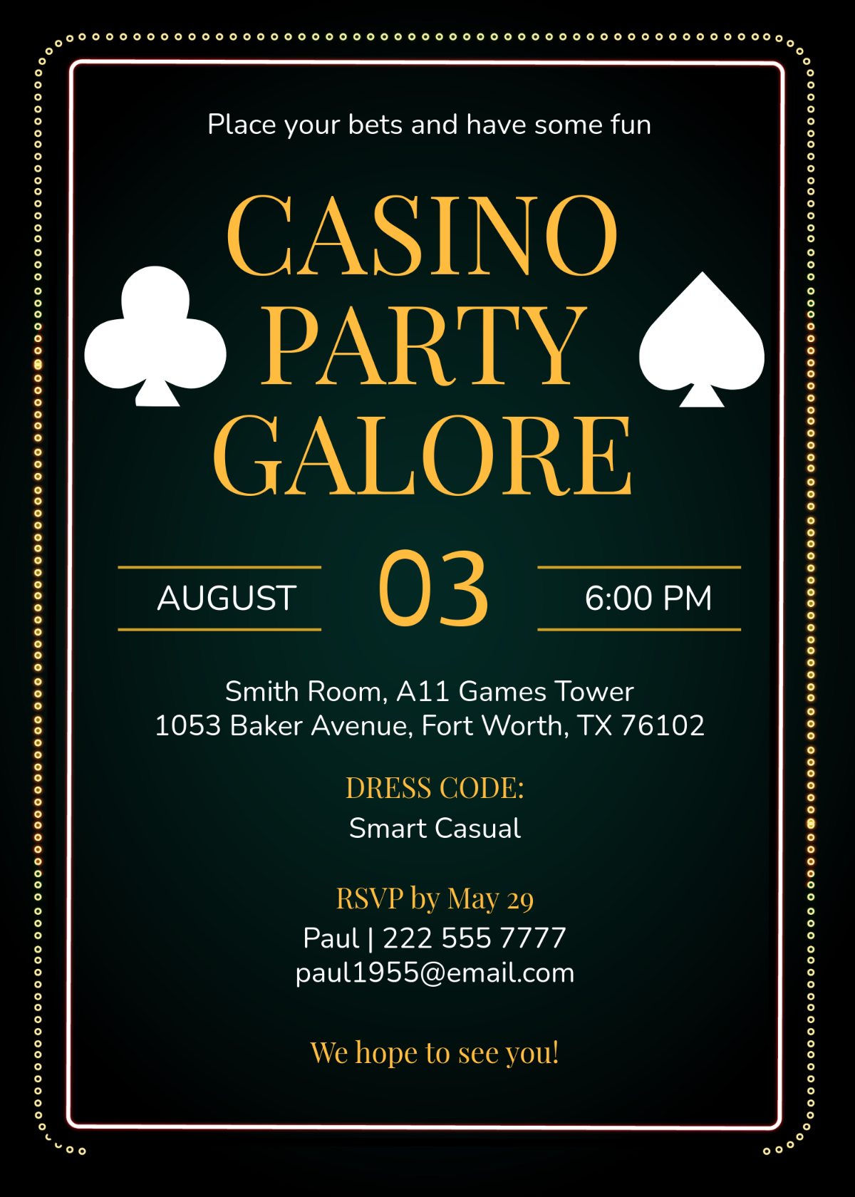 Free Casino Theme Invitation Template To Edit Online