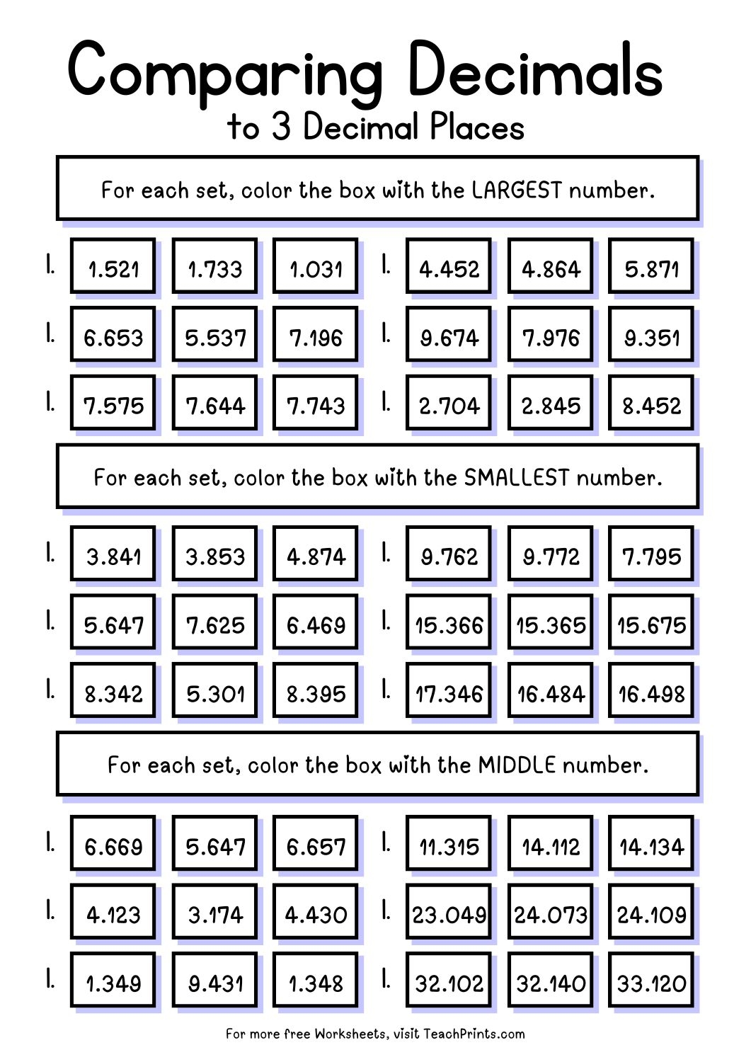 Free Comparing Decimals Worksheets Teach Prints