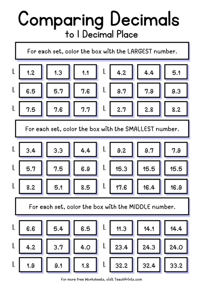 Free Comparing Decimals Worksheets Teach Prints