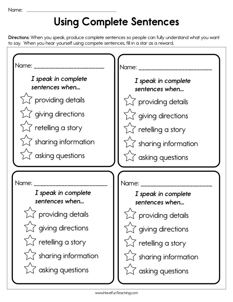 complete sentence worksheets