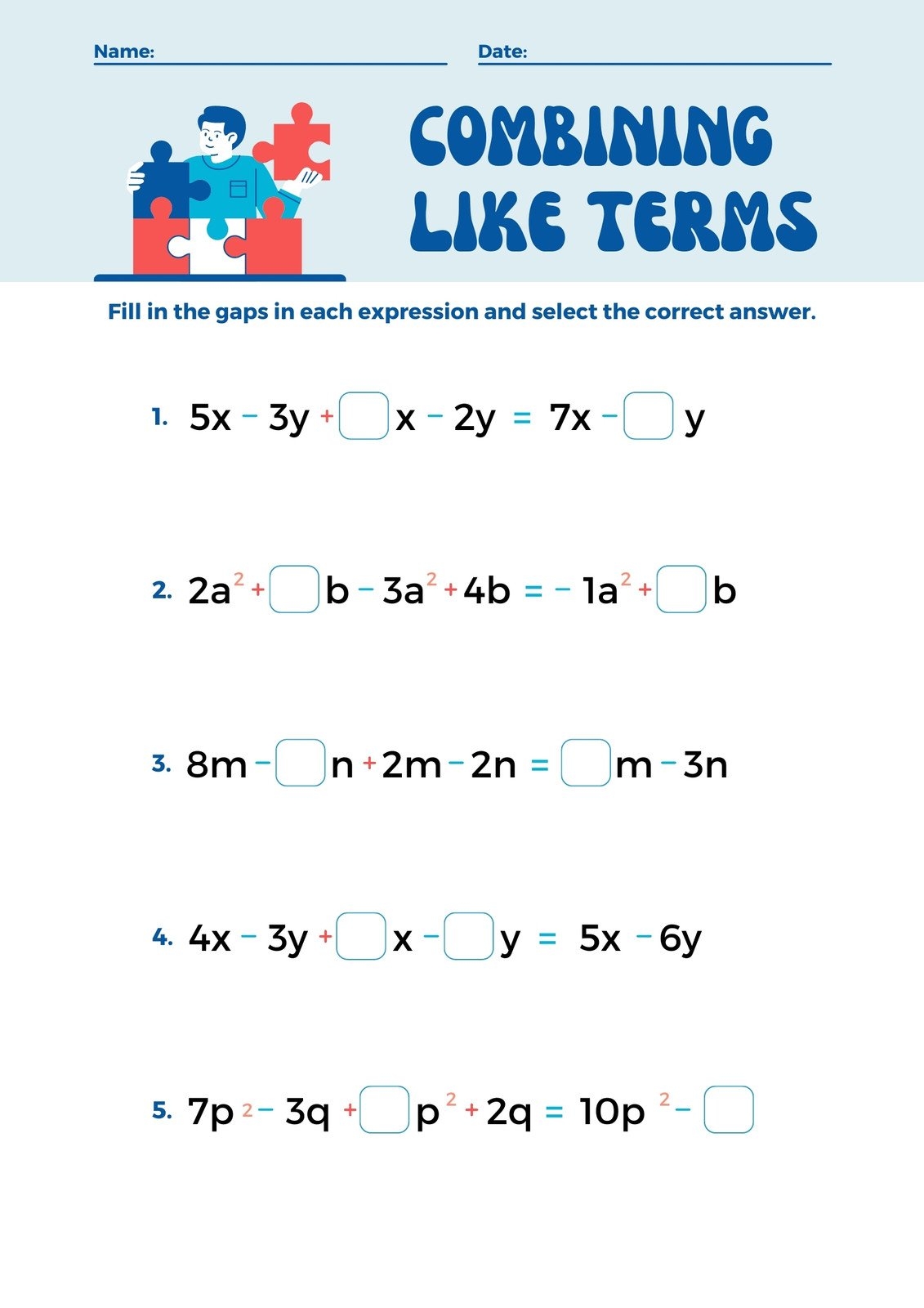 combining like terms worksheet pdf with answers