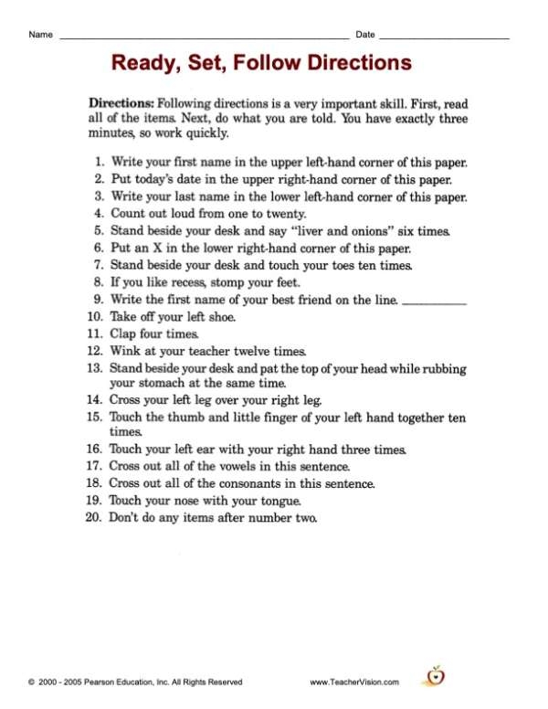 follow directions worksheets