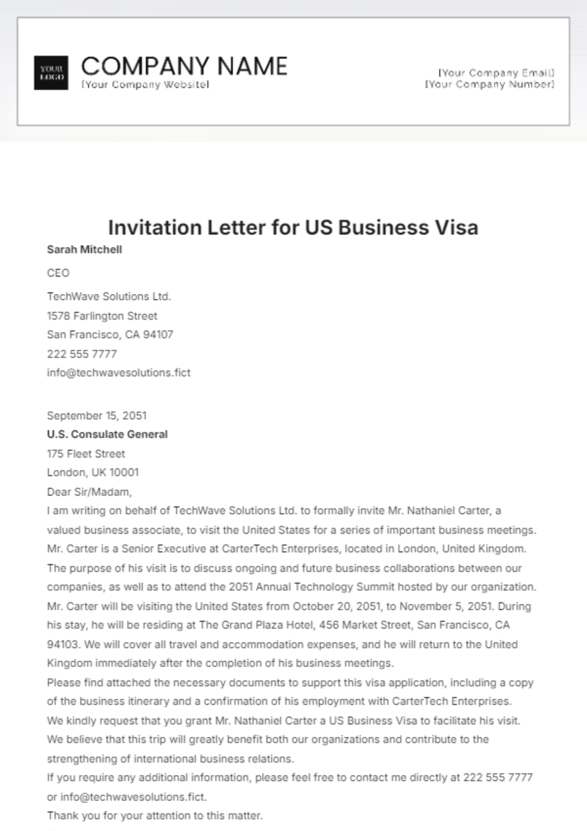 Free Invitation Letter For US Business Visa Template To Edit Online