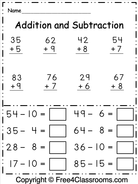 Free Kindergarten Math Worksheets Addition And Subtraction 
