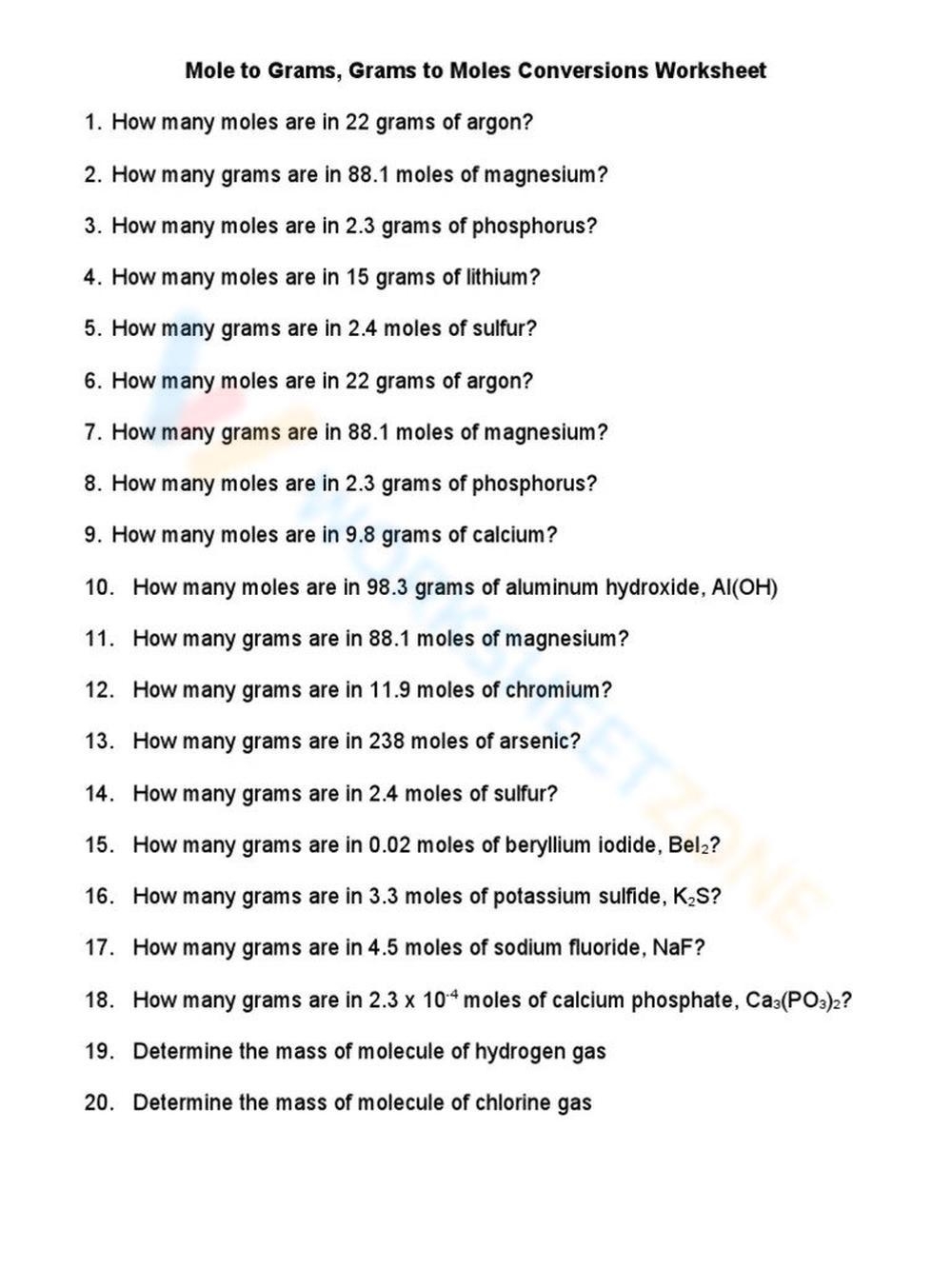 Free Mole To Grams Grams To Moles Conversions Worksheets Worksheets 