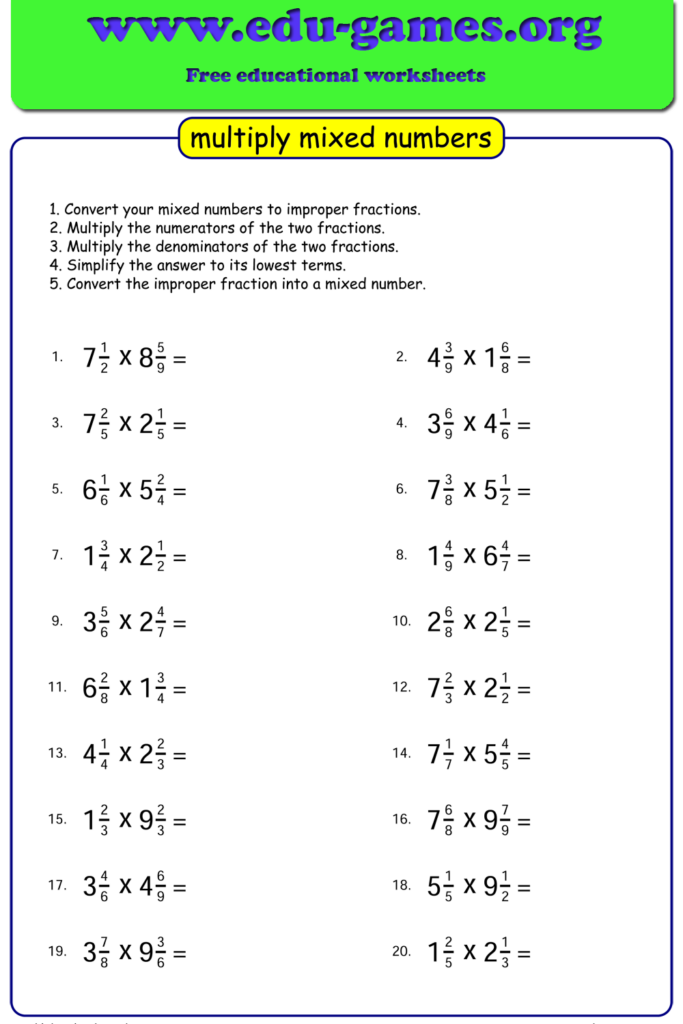 mixed fraction multiplication worksheet